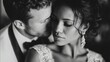 © AI - A black and white close up of a groom kissing the bride on her cheek in a tender moment shown