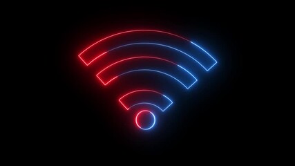 WIFI icon animation glowing neon red and blue color broadband internet wireless network signal computer and mobile phone network service sign symbol on black background 