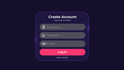 Register page layout. Sign up form with buttons and icons. Minimalistic registration screen for web.