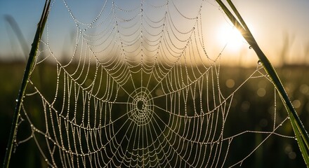 A delicate spiderweb adorned with dewdrops illuminated by the golden light of the early morning sunrise