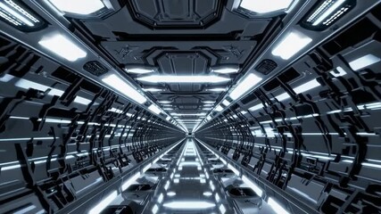Poster - Futuristic space corridor with glowing lights and metallic walls, reflective floor, and sci fi tunnel perspective, evoking awe