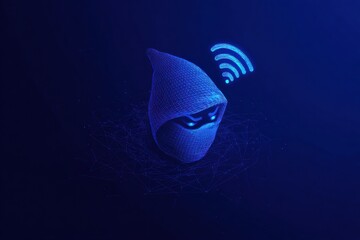 Poster - Masked Hacker Avatar Fishing for Wi-Fi Signals in Cyberspace With a Clean Top Layout Featuring a Glowing Wi-Fi Symbol