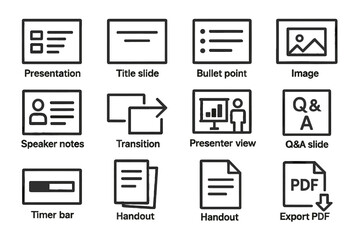 powerpoint interface features icons: presentation, slide, image, notes, pdf