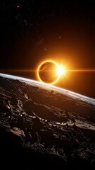 Wall Mural - Planetary landscape shows a solar eclipse with light flares in deep space, a concept of exploration and discovery.