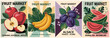 © Digital Nomad - Set of retro Fruit Market posters featuring apples from Tasmania, bananas from Ecuador, plums from Alsace, France, and watermelons from Georgia, USA. Vintage travel and produce-inspired design