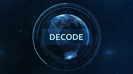 Wall Mural - animated decode text over digital world map – cyber tech hud reveal