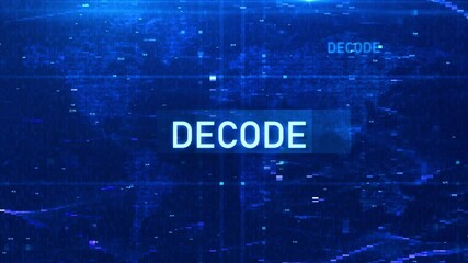 Wall Mural - animated glitch decode text over digital world map – cyber tech hud reveal