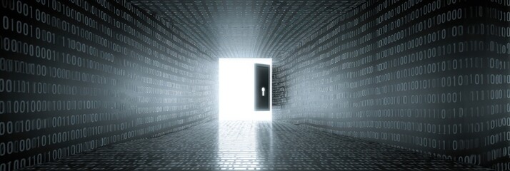 Aufkleber - Locked Safe Hovers Above a Binary Tunnel in a Surreal Digital Landscape