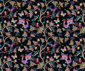Wall Mural - fabulous seamless pattern with magical forest, cute cartoon monkeys, tropical butterflies, peacocks,