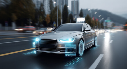 Poster - Modern vehicles navigate through busy lanes on a city road during overcast weather. Advanced technology is evident in the vehicles, showcasing innovation in urban transportation systems.