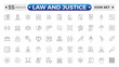 © artshuvo - Law and Justice outline icon set. Court icon set. Containing Investigation, law, judgment, criminal, justice law, court legal, lawyer, criminal, prison and more. Editable stroke outline icon.