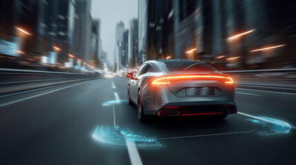 Aufkleber - A modern car accelerates on a bustling city road at dusk, surrounded by towering skyscrapers and illuminated traffic signs.