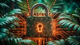Futuristic glowing padlock with cyber circuit embedded in green jungle symbolizing digital security, encryption, and data privacy.