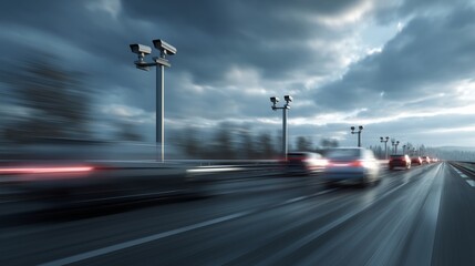 Aufkleber - Multiple vehicles move swiftly through traffic lanes on a busy road while surveillance cameras observe the area. The sky is overcast, creating a moody atmosphere as dusk approaches.