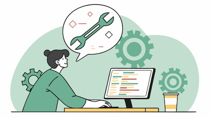 Woman coding on a computer with a wrench in a speech bubble and gears in the background, vector art