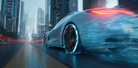 Aufkleber - A sleek electric car races down illuminated lanes in a high-tech urban setting at dusk.