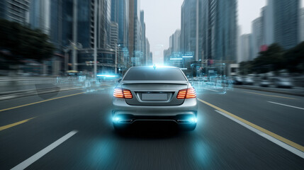 Aufkleber - A futuristic vehicle drives through a busy urban landscape with smart traffic recognition technology. The advanced system monitors lanes and vehicles, optimizing traffic flow and safety.