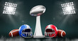 © marozhkastudio - Super Bowl Sunday 3d background. American football gridiron with blue and red helmet, ball and silver Vince Lombardi trophy illuminated by spotlights. Final game for NFL championship. 3D illustration