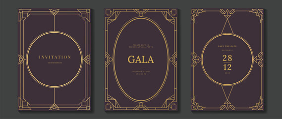 Aufkleber - Luxury wedding invitation card background vector. Golden elegant gold wavy lines on brown background. Premium design illustration for wedding and vip cover template, banner, poster.