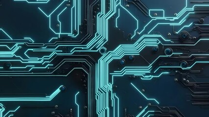 Aufkleber - A close-up of a futuristic circuit board with glowing blue lines and intricate electronic pathways.