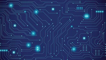 Wall Mural - high tech digital circuit board background with glowing blue lines on dark blue gradient perfect for