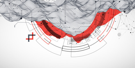 Poster - Abstract data background with wireframe wave and circuit lines. Technology concept. Vector
