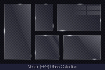 Realistic 3D glass transparent square and rectangle frame with glare, flat glass or plastic plate, flat transparent glass lens, realistic screen glass, window mockup, vector illustrattion