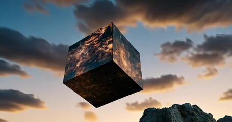 Wall Mural - a dark, mysterious cube floats in the sky above a rocky landscape at sunset.