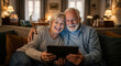 © Cliff - Elderly couple with tablet, happy on sofa at home, hugging, laughing and relaxing while watching movie in living room at home. Elderly man, woman and digital touchscreen with app for movies, comedies