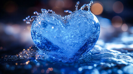 A blue heart shaped object with water splashing on it