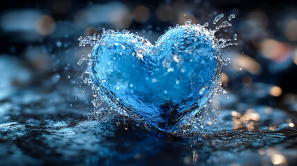 A blue heart shaped object with water splashing on it
