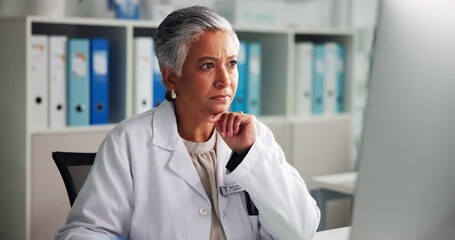 Poster - Thinking, doctor and mature woman on computer for problem solving, planning schedule or doubt. Serious, medical professional or reflection on desktop for healthcare or confused with results in clinic