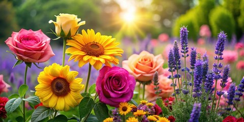 Wall Mural - Colorful vibrant roses in a lush green garden with sunflowers and lavender flowers surrounding them