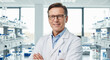 © Cliff - Portrait of scientist, arms crossed, smiling in laboratory with pride in medical research and teaching. Mature man, scientist, happy and confident in pharmaceutical vaccine development