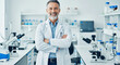 © Cliff - Portrait of scientist, arms crossed, smiling in laboratory with pride in medical research and teaching. Mature man, scientist, happy and confident in pharmaceutical vaccine development