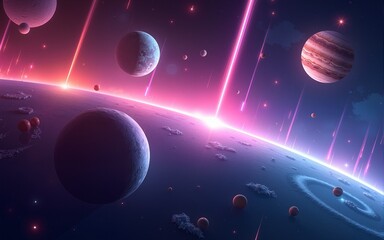 Wall Mural - Abstract vibrant space background with neon lights, colorful planets, and dynamic meteor streaks in a cosmic theme. High quality