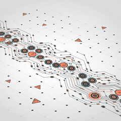 abstract digital circuit board design with modern tech elements on a clean white background