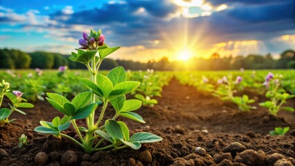 Wall Mural - Soybeans sprouting from the ground amidst lush greenery and vibrant wildflowers in a natural landscape