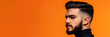 © YouAreBeautiful - Style in action: Professional barber providing a stylish haircut - showcasing talent and fashion wide banner - orange background
