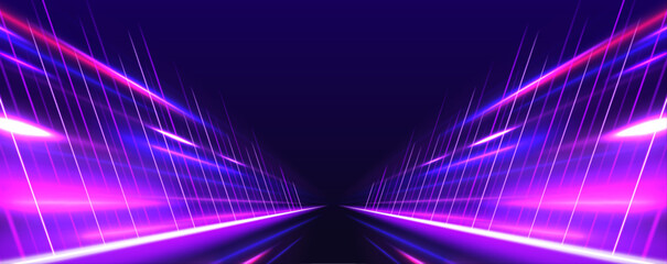 Fototapete - Abstract neon color glowing lines background. Vector futuristic empty neon background. High tech lines, studio product, future cyberspace concept.	