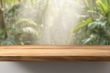 Aufkleber - Empty wooden table set against a blurred tropical forest backdrop, creating an ideal space for showcasing products and presentations