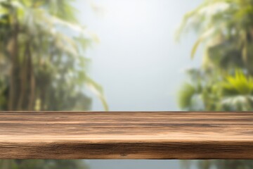 Aufkleber - Wooden table set against a softly blurred tropical backdrop, perfect for showcasing products in a serene and inviting atmosphere