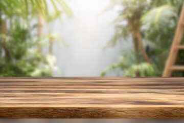 Aufkleber - Empty wooden table positioned against a blurred background of lush green plants, offering a perfect space for product display montages