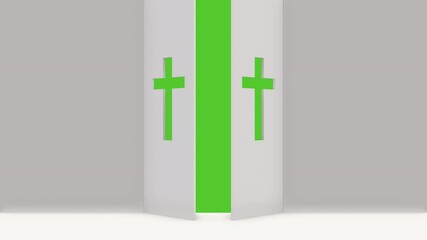 Wall Mural - white large opening gate or door with christian symbol of cross on green screen background. entrance