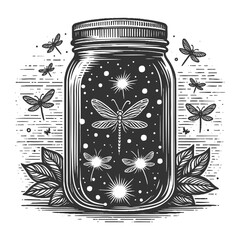 Wall Mural - glowing fireflies inside a mason jar surrounded by leaves, with stars twinkling in the night sky ske