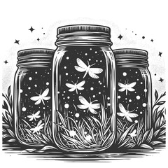 Wall Mural - glowing fireflies inside a mason jar surrounded by leaves, with stars twinkling in the night sky ske