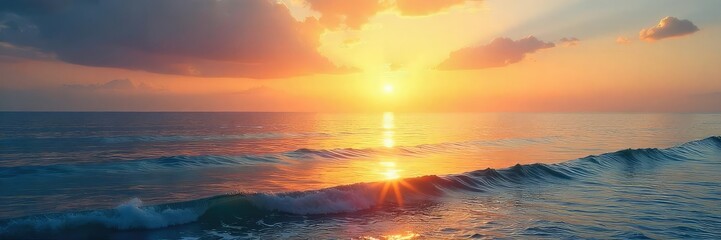 Wall Mural - Serene sunrise over tranquil water, soft golden light illuminating calm waves and peaceful sky Perfect for relaxation, meditation, and nature themes , landscape, waterfront, light