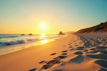 Wall Mural - Golden hour sunlight warms smooth sand, casting long shadows Perfect for relaxation and soaking up the summer rays Ideal for travel, vacation, and summer themes , travel, outdoor