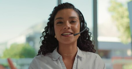 Aufkleber - Inquiry, headset and face of woman in call center for communication, feedback or support. Virtual assistant, contact us or portrait of happy agent in workplace for customer service help or talk