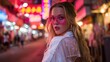 © Horysok - A young blonde woman in a white outfit, wearing neon pink glasses, standing against a dark cityscape illuminated by neon lights